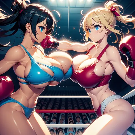 nsfw , flat oppai vs oversized oppai , in boxing rings , wear boxing gloves ,wear bikini swimsuit.