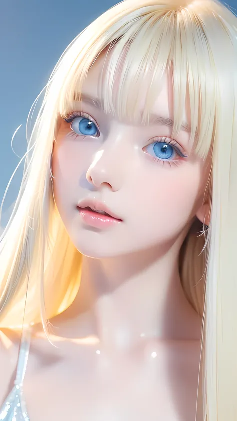 A beautiful blonde with big, bright, pale ice blue eyes that shine beautifully and are pure white.、Super long straight silky hai...