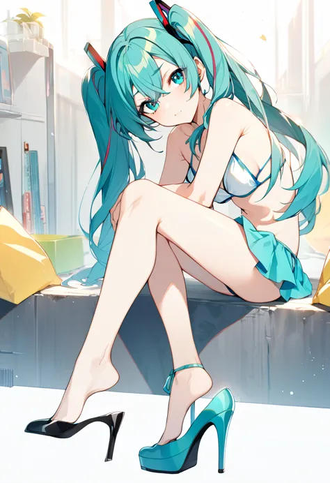 1girl, high heels shoe dangle, cross legged, hatsune miku, looking at viewer, sitting, from side, wearing bikini