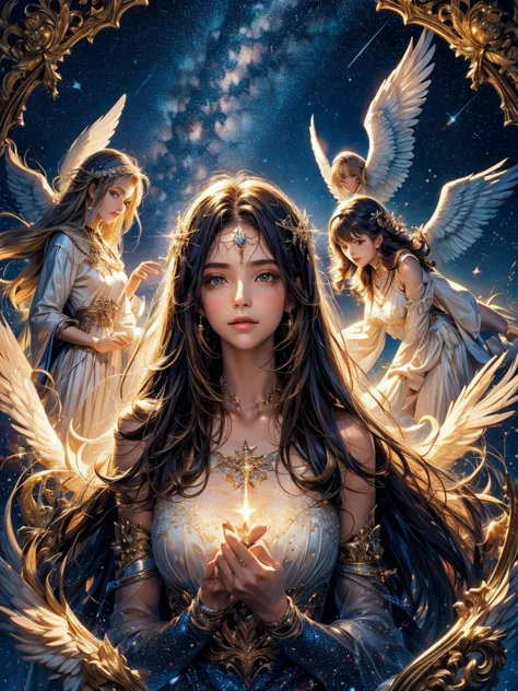 an angelic woman is in the middle, looking straight ahead. the background is an image of love with a starry sky