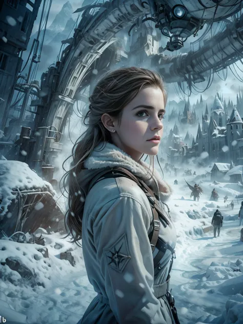 (emma watson, detailed, 8k, photorealistic, cinematic lighting, dramatic lighting, portrait), (apocalyptic,snowy winter landscap...