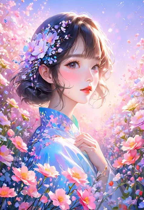 masterpiece high resolution beautiful girl profile transparent flowers close to face with both hands fantastic flower field nigh...