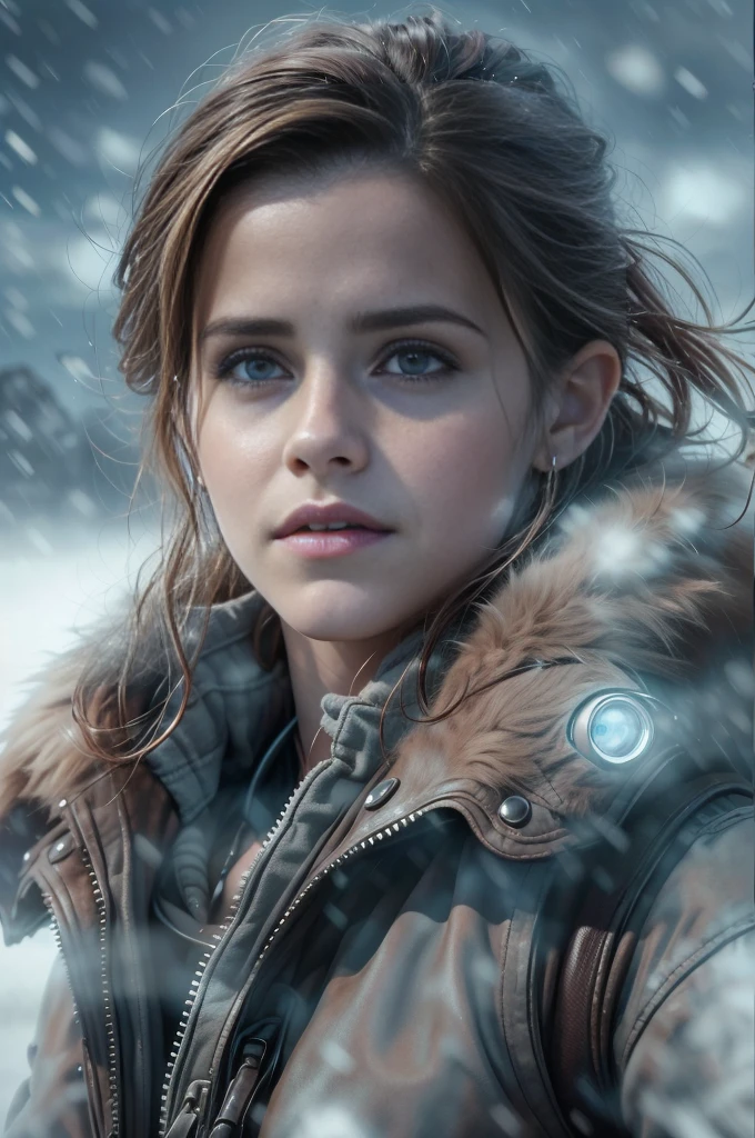 (Emma watson, detailed, 8k, photorealistic, cinematic lighting, dramatic lighting, half body shot), (apocalyptic,snowy winter landscape), (beautiful young woman, 23 years old, gorgeous european features,cleavage,long wavy brown hair,intense gaze,elegant pose), (giant futuristic spacecraft,high-tech shuttle,cold icy environment),