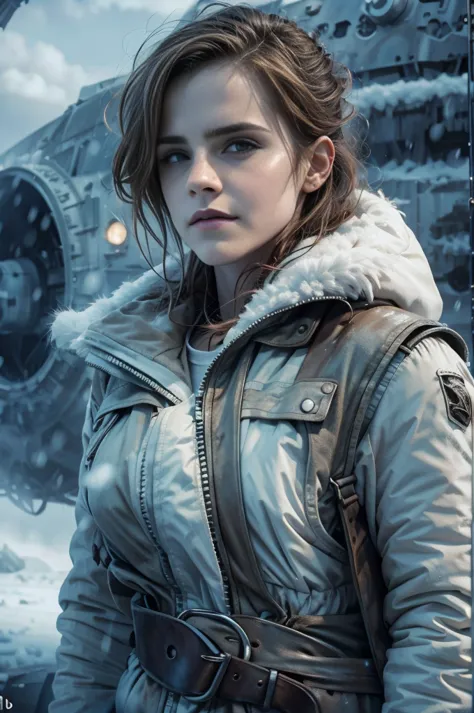 (emma watson, detailed, 8k, photorealistic, cinematic lighting, dramatic lighting, portrait), (apocalyptic,snowy winter landscap...