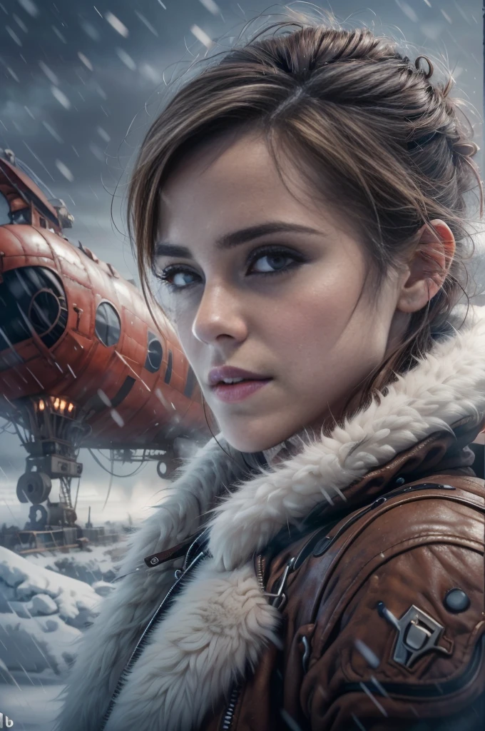 (Emma watson, detailed, 8k, photorealistic, cinematic lighting, dramatic lighting, portrait), (apocalyptic,snowy winter landscape), (beautiful young woman, 23 years old, gorgeous european features,cleavage, short messy brown hair,intense gaze,elegant pose), (giant futuristic spacecraft,high-tech shuttle,cold icy environment),