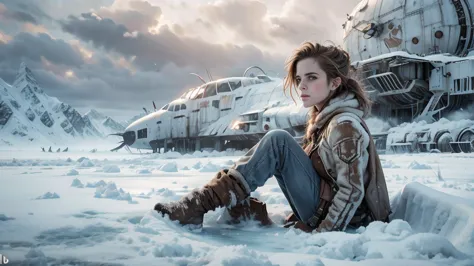 (emma watson, detailed, 8k, photorealistic, cinematic lighting, dramatic lighting, portrait), (apocalyptic,snowy winter landscap...