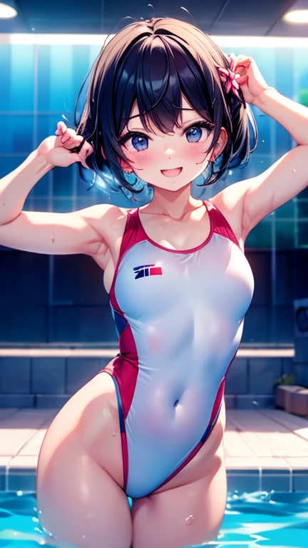 9 year old asian , Wear a one-piece swimsuit, Swimming in the pool, Cute expression, smile, Vibrant, Chubby, sporty, Sweaty, Surrealism, Surrealism, Cinema Lighting, Motion Blur, Ray Tracing, 超High resolution, Accurate, Anatomically correct, Smooth Skin, Super Detail, Attention to detail, high quality, 最high quality, High resolution, 4K  