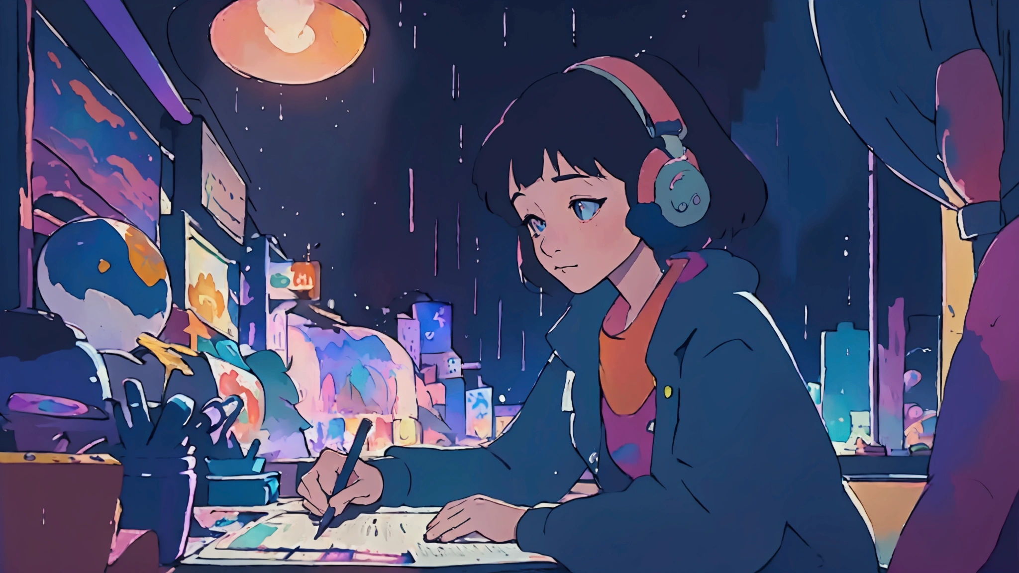 European hippie girl meditating in her room, dream, Wear headphones, night lighting, Neon scenery on a rainy day, Analog Color Theme, Lo-fi hip hop , review, flat, 2.5D ,Draw a line, Ink painting, Large slope, Watercolor, Goosh Colors, Studio Ghibli Style, Great colorful, Outerton, Krautlock, Lofi Art,  70s style,Old Texture, amplitude,Psychedelic atmosphere, masterpiece, Great technology,