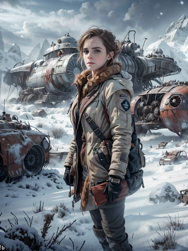 (Emma watson, detailed, 8k, photorealistic, cinematic lighting, dramatic lighting, full body shot), (apocalyptic,snowy winter landscape), (beautiful young woman, 23 years old, gorgeous european features,cleavage, short messy brown hair, intense gaze, elegant pose), (giant futuristic spacecraft,high-tech shuttle,cold icy environment),