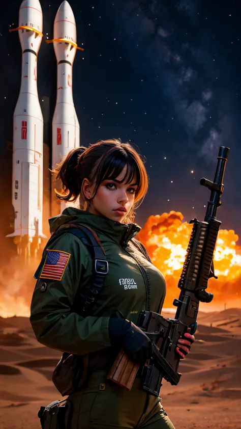 woman with gun in front of spaceship, hyperrealistic fantasy art, eternal fatality, female assault soldier, planet sky backgroun...