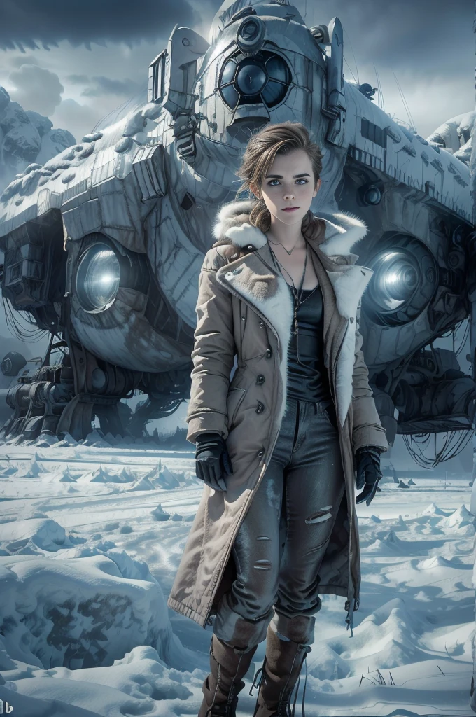 (Emma watson, detailed, 8k, photorealistic, cinematic lighting, dramatic lighting, full body shot), (apocalyptic,snowy winter landscape), (beautiful young woman, 23 years old, gorgeous european features,cleavage, short messy brown hair, intense gaze, elegant pose), (giant futuristic spacecraft,high-tech shuttle,cold icy environment),