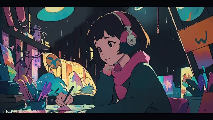 asian woman studying in the room, dream, wear headphones, night lighting, neon scenery on a rainy day, analog color theme, lo-fi...