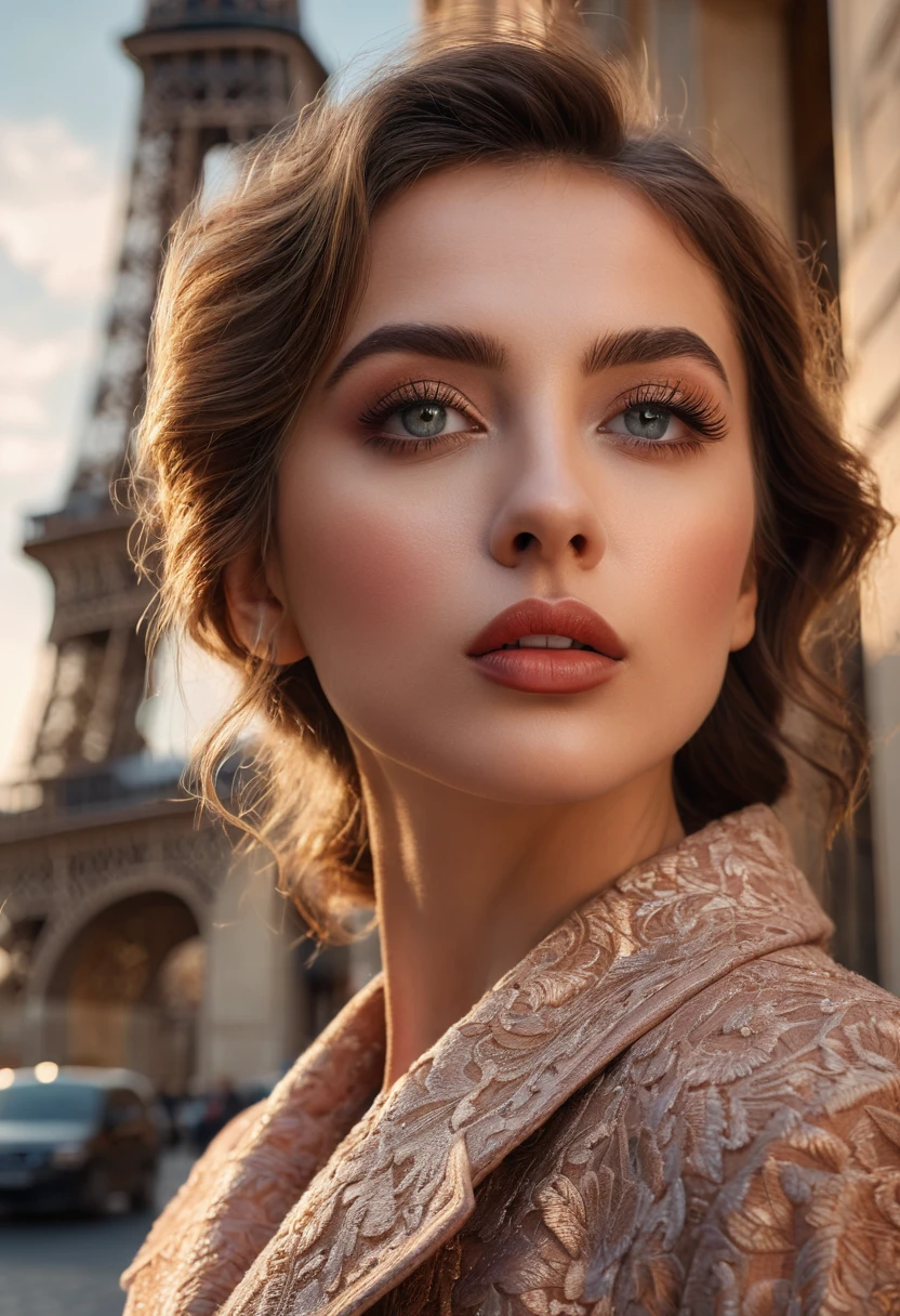 a woman in paris, beautiful detailed eyes, beautiful detailed lips, extremely detailed eyes and face, long eyelashes, elegant fashion, romantic atmosphere, intricate architecture, city street, cinematic lighting, warm color palette, dramatic shadows, (best quality,4k,8k,highres,masterpiece:1.2),ultra-detailed,(realistic,photorealistic,photo-realistic:1.37),cinematic composition,beautiful scenery,moody,atmospheric,vibrant colors