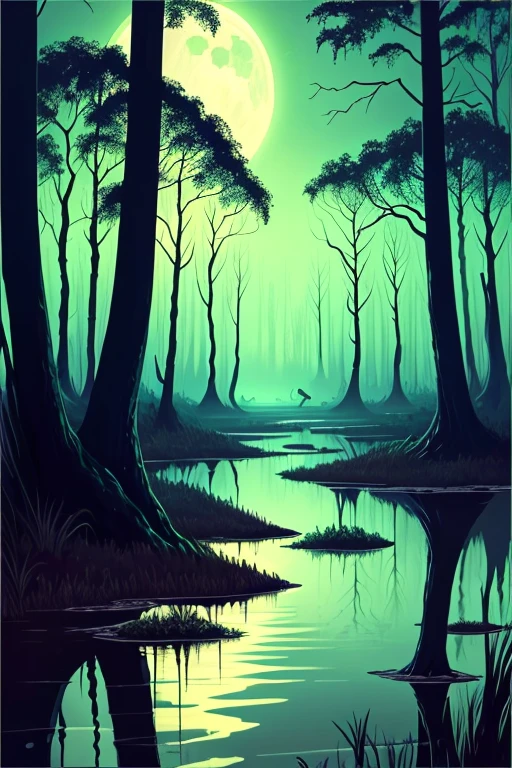 An eerie and sinister painting by Stefan Koidi of a stinky boggy swamp at midnight. A chorus of croaking bullfrogs and chirping  insects travel loudly through the thick, hot and humid air as a full moon hangs low bathing the portentous scene in an ominous and haunting glow.  Standing next to the waters edge is a large, malevolent black Kelpie; a trecheous water spirit creature from Scottish Celtic folklore. With its body faced forward, toward the water-it's head is turned slightly to its left, facing the viewer and glarring with an intense, piercing gaze from its vivid, glowing red eyes that instill feelings of unsurmountable terror and dread to all who meet the beasts' gaze. The Kelpie's flesh is rife with spots of sickening necrosis- large chunks of rotton flesh falling off and revealing leg bones, the ribcage, and a partially skeletal jawline. Twisted vines snake their way up crooked gnarled trees adorned with spanish moss and luminescent fungi clings to trunks of saturated trees, casting a baleful, sickly green glow upon the otherworldly place emphasizing the detailed  horror elements, enhancing the haunting ambiance, creating a chilling scene.