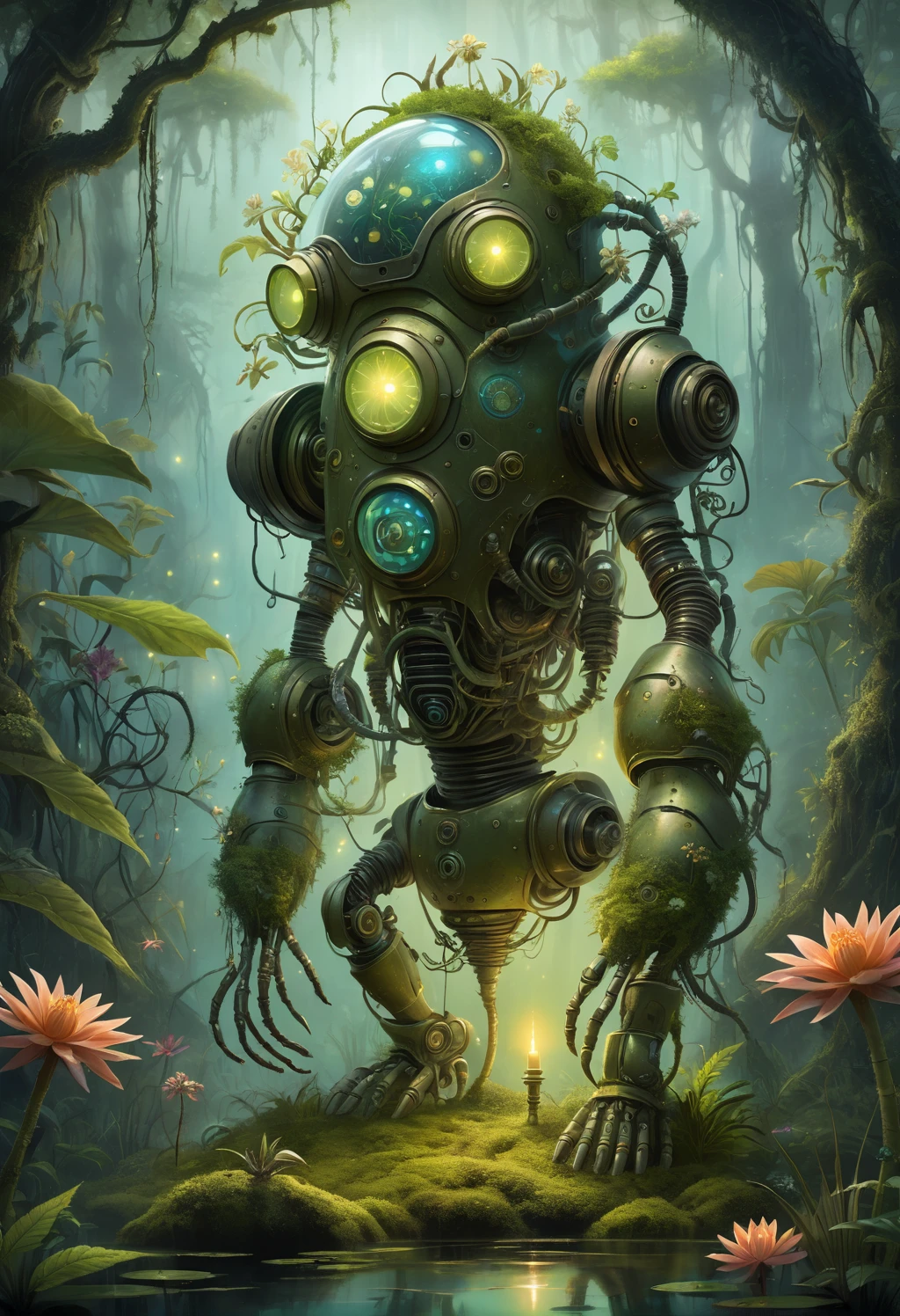 Illustration style image of a biomechanical entity. The entity is a fusion of technology and nature, with a helmet that resembles a diving suit, its surface covered with verdant moss, handing a flower to the viewer, hemp plant, cannabis, luminous, exotic flowers. Its arms are heavy and robotic, adorned with peaceful symbols and designs. The backdrop is an enchanted swamp, filled with a mystical fog, gnarled trees, and a spectrum of swamp flora. Fireflies dot the air with their luminescent glow. The artwork should have a whimsical, fantastical feel, with bright colors and a hand-drawn quality that emphasizes the enchanting aspects of the scene and the theme of the organic meeting and mechanics.