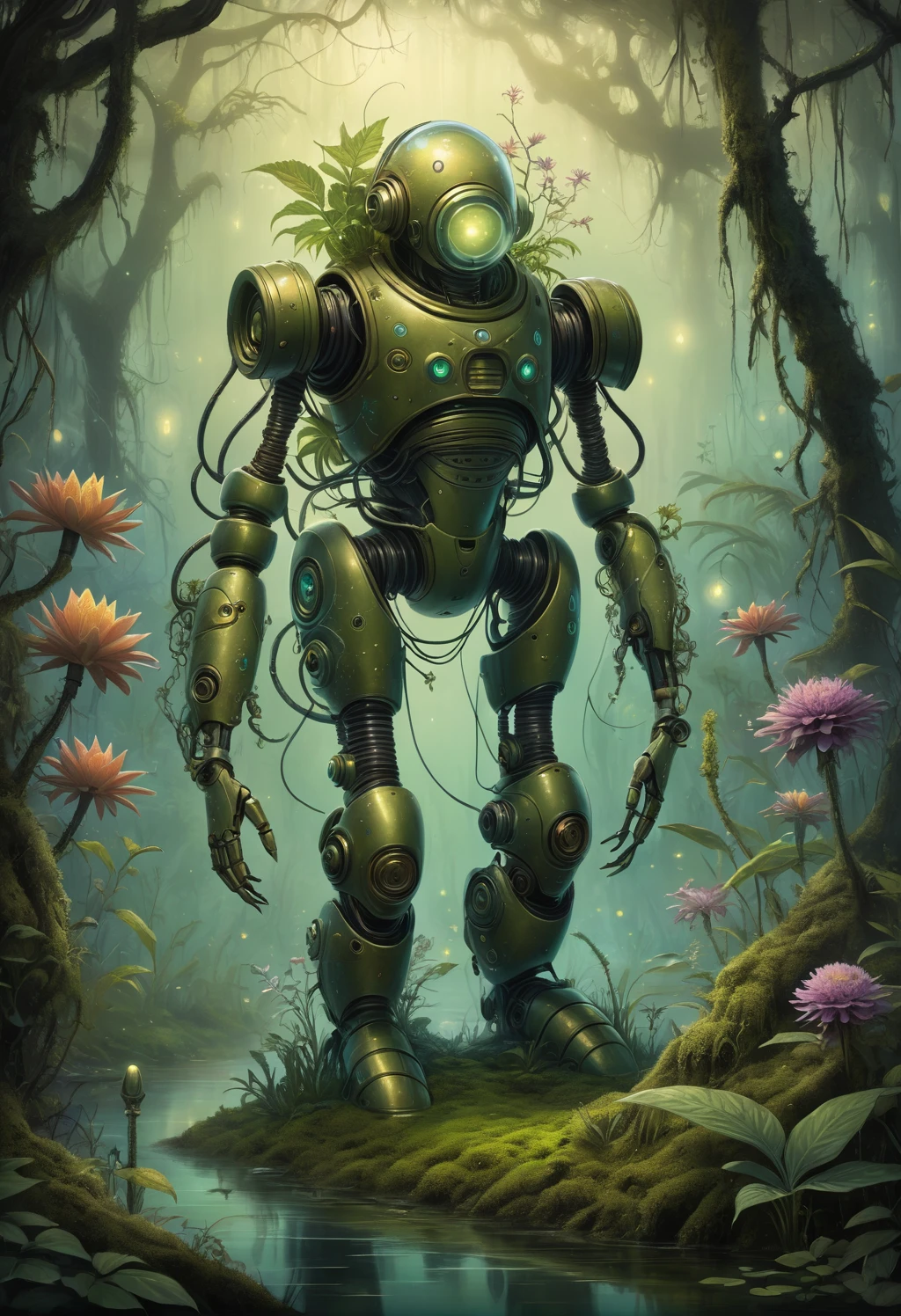 Illustration style image of a biomechanical entity. The entity is a fusion of technology and nature, with a helmet that resembles a diving suit, its surface covered with verdant moss, handing a flower to the viewer, hemp plant, cannabis, luminous, exotic flowers. Its arms are heavy and robotic, adorned with peaceful symbols and designs. The backdrop is an enchanted swamp, filled with a mystical fog, gnarled trees, and a spectrum of swamp flora. Fireflies dot the air with their luminescent glow. The artwork should have a whimsical, fantastical feel, with bright colors and a hand-drawn quality that emphasizes the enchanting aspects of the scene and the theme of the organic meeting and mechanics.