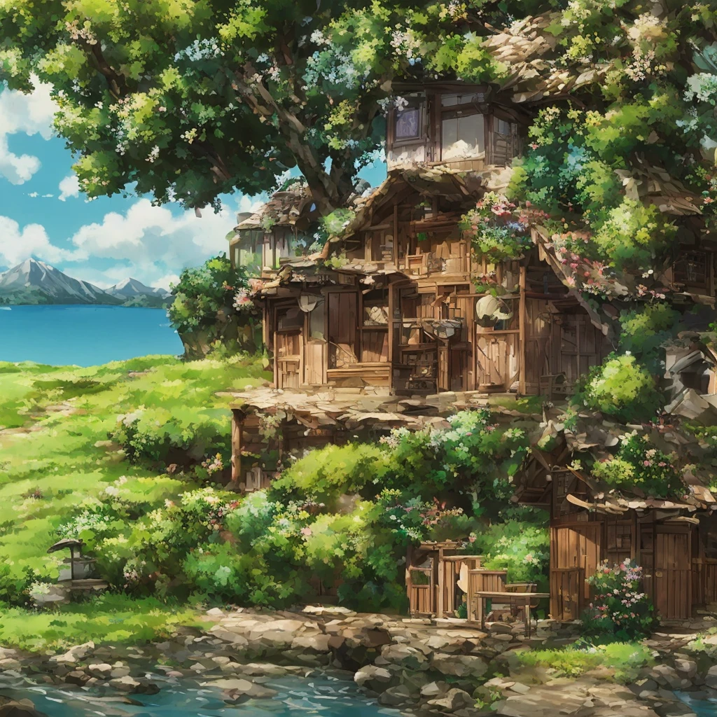 wunderschöne Landschaft, blauer Himmel, Studio Ghibli-Stil, Es gibt keine Leute, Berg hut
, Berg,