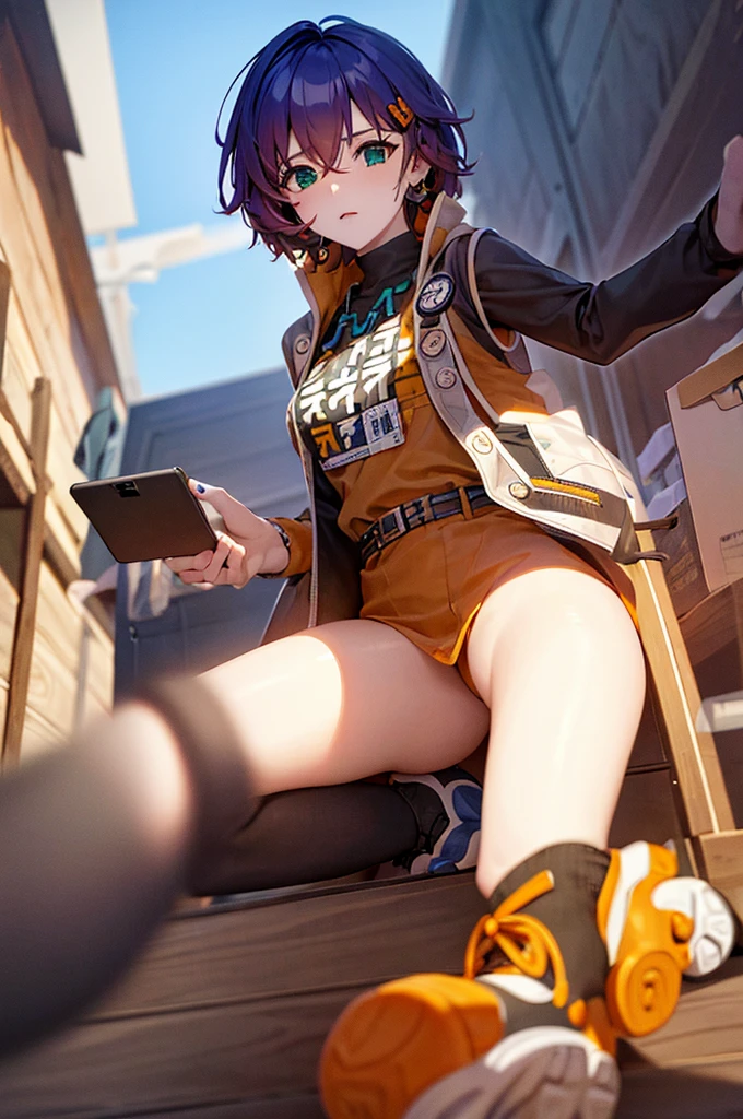 (masterpiece), best quality, expressive eyes, perfect face, sneakers, one sock, one black stocking, gray skirt, one fingerless glove, audio player on belt, unbuttoned jacket, green pendant, black T-shirt, orange hairpin, short blue hair, BelleZZZ, 1girl, solo, stand near car