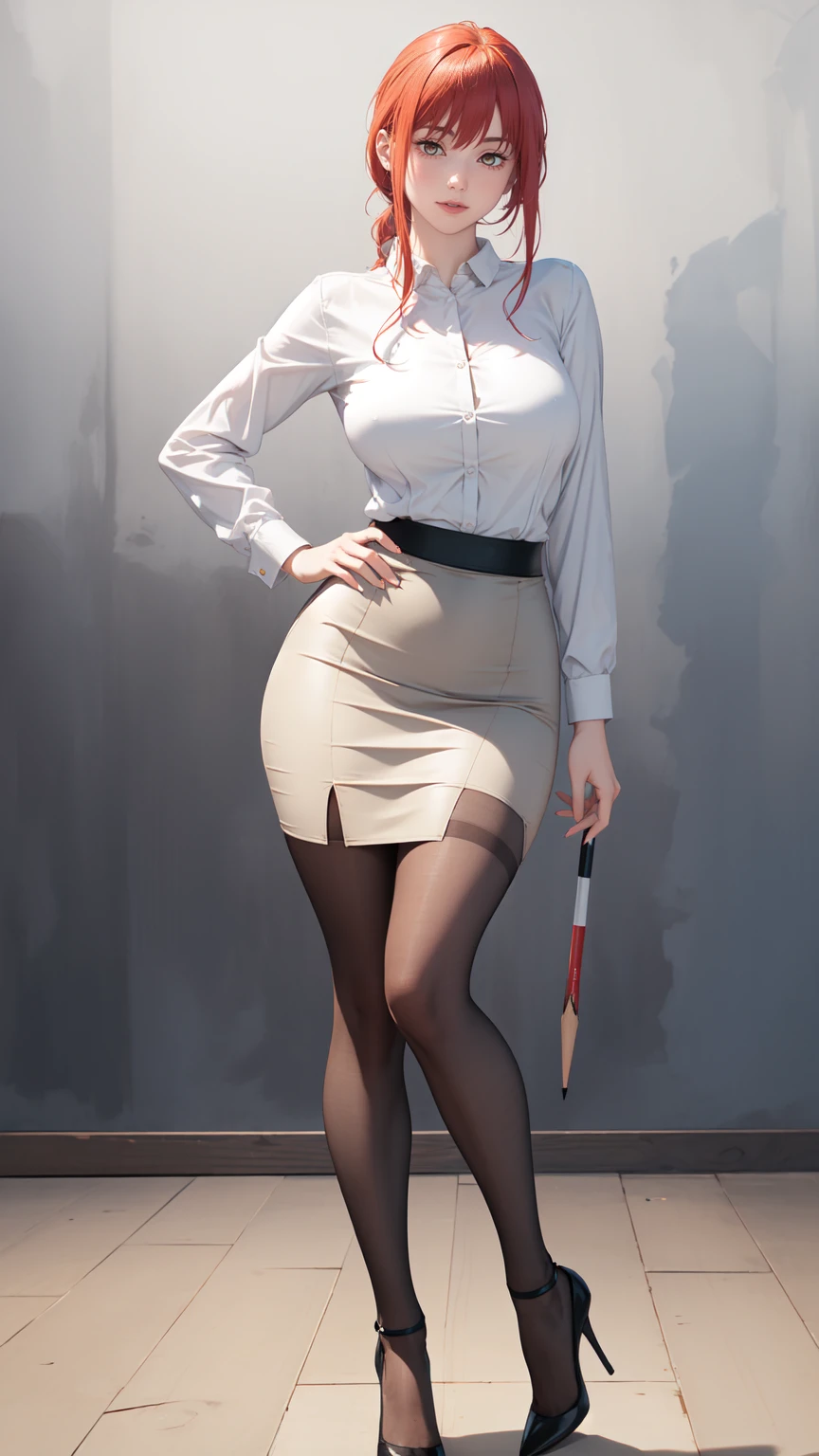 ((masterpiece, Best Quality, high resolution, Perfect Pixel, 8K)), 1 girl、sensual thighs、 (Red gorgeous hair)、Beautiful eyelashes、Detailed face、Smooth texture, Realistic texture, Photorealistic, Anime CG style、(Wearing White Shirt、pencil skirt、Indigo Pantyhose、stiletto pumps、standing、Sexy legs、Wooden Background) look at the viewer、large breasts、High quality、ultra high definition、 detailed face、ultra high clarity、curvacious body、best image quality、ultra high resolution、seductive、dynamic lightning、Full body shot、professional photograph