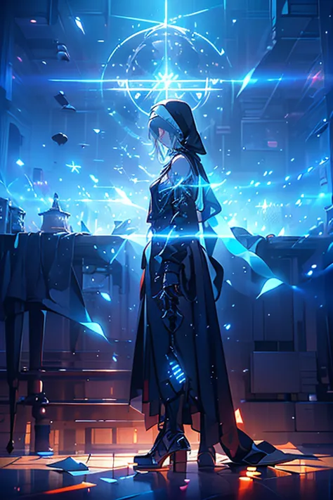 landscape, blacklight ink art,arms,habit nun silhouette, backlighting, 1 android, solo, mechanical armor, glowing cyan mechanica...