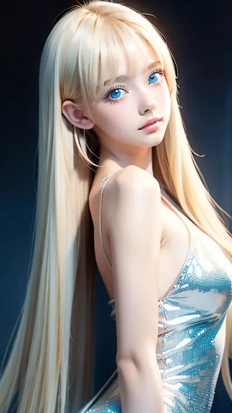 A beautiful blonde with big, bright, pale ice blue eyes that shine beautifully and are pure white.、Super long straight silky hai...