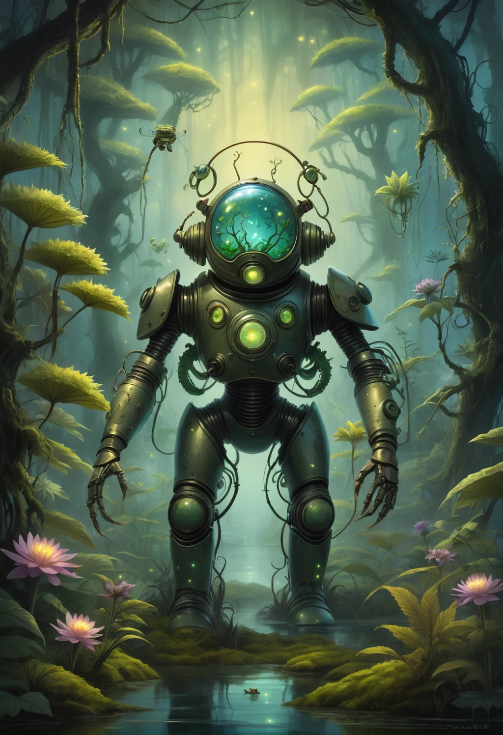 Illustration style image of a biomechanical entity. The entity is a fusion of technology and nature cannabis, with a helmet that resembles a diving suit, its surface covered with verdant moss, handing a flower to the viewer, hemp plant, cannabis, luminous, exotic flowers. Its arms are heavy and robotic, adorned with peaceful symbols and designs. The backdrop is an enchanted swamp, filled with a mystical fog, gnarled trees, and a spectrum of swamp flora. Fireflies dot the air with their luminescent glow. The artwork should have a whimsical, fantastical feel, with bright colors and a hand-drawn quality that emphasizes the enchanting aspects of the scene and the theme of the organic meeting and mechanics.