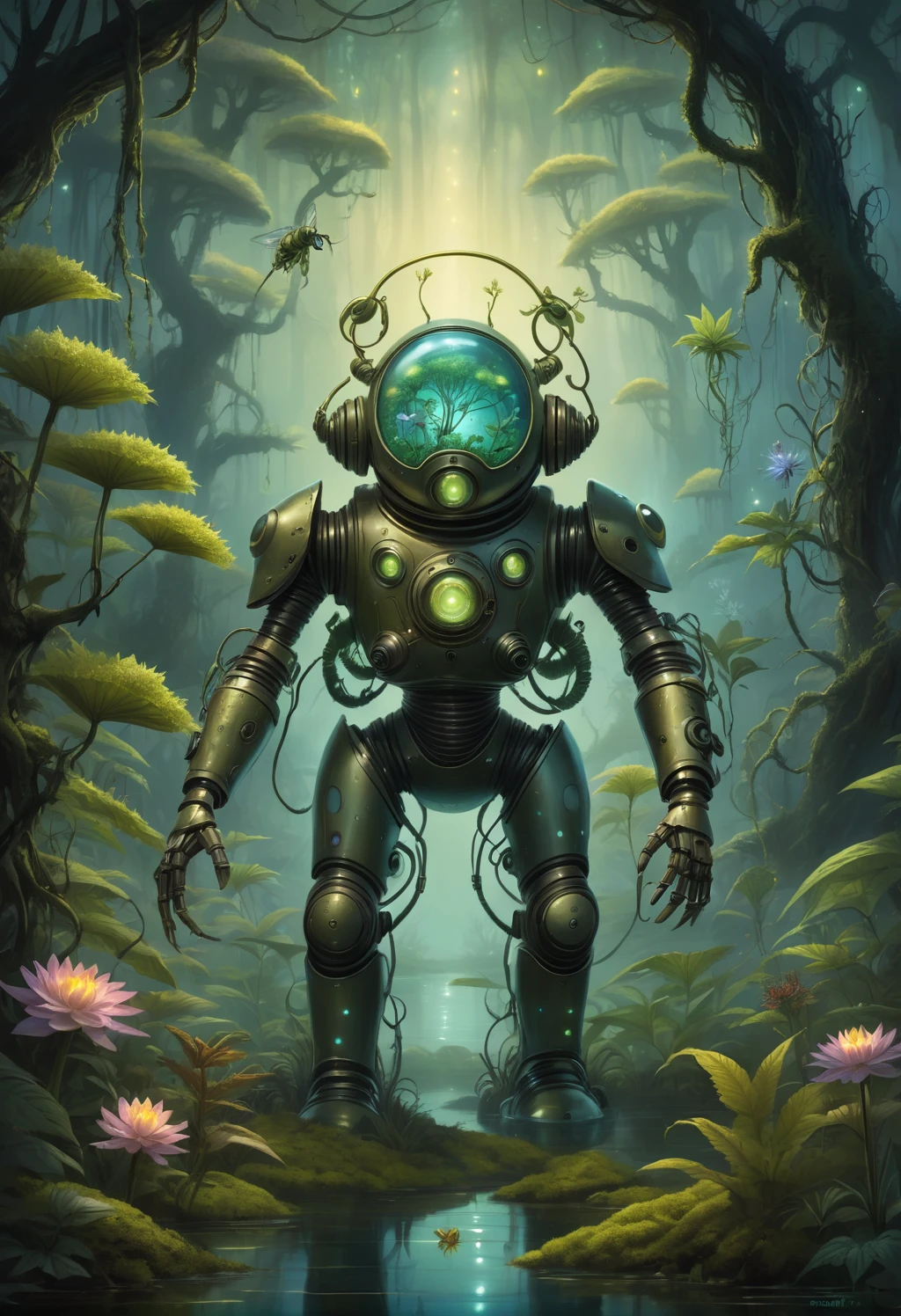 Illustration style image of a biomechanical entity. The entity is a fusion of technology and nature cannabis, with a helmet that resembles a diving suit, its surface covered with verdant moss, handing a flower to the viewer, hemp plant, cannabis, luminous, exotic flowers. Its arms are heavy and robotic, adorned with peaceful symbols and designs. The backdrop is an enchanted swamp, filled with a mystical fog, gnarled trees, and a spectrum of swamp flora. Fireflies dot the air with their luminescent glow. The artwork should have a whimsical, fantastical feel, with bright colors and a hand-drawn quality that emphasizes the enchanting aspects of the scene and the theme of the organic meeting and mechanics.