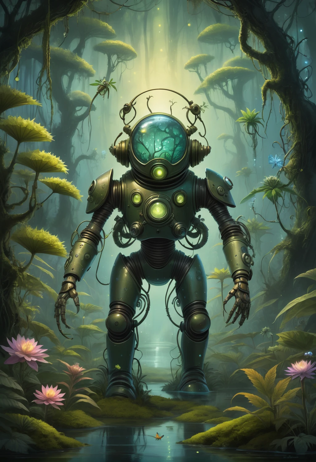 Illustration style image of a biomechanical entity. The entity is a fusion of technology and nature cannabis, with a helmet that resembles a diving suit, its surface covered with verdant moss, handing a flower to the viewer, hemp plant, cannabis, luminous, exotic flowers. Its arms are heavy and robotic, adorned with peaceful symbols and designs. The backdrop is an enchanted swamp, filled with a mystical fog, gnarled trees, and a spectrum of swamp flora. Fireflies dot the air with their luminescent glow. The artwork should have a whimsical, fantastical feel, with bright colors and a hand-drawn quality that emphasizes the enchanting aspects of the scene and the theme of the organic meeting and mechanics.