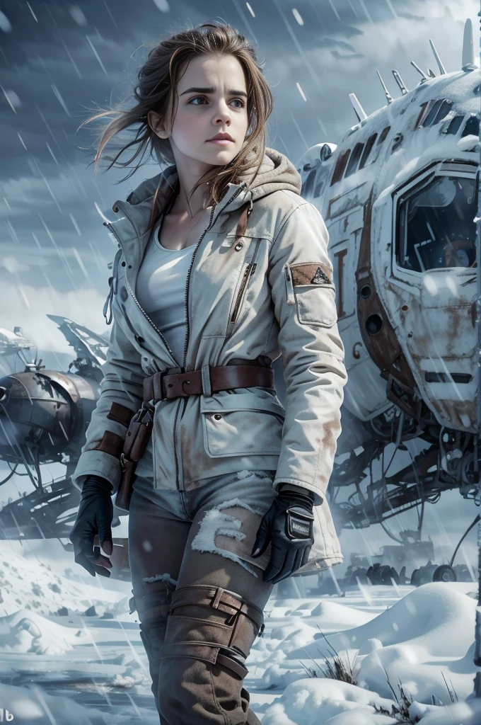 (Emma watson, detailed, 8k, photorealistic, cinematic lighting, dramatic lighting, full body shot), (apocalyptic,snowy winter landscape), (beautiful young woman, 23 years old, gorgeous european features,cleavage, short messy brown hair, intense gaze, elegant pose), (giant futuristic spacecraft,high-tech shuttle,cold icy environment),