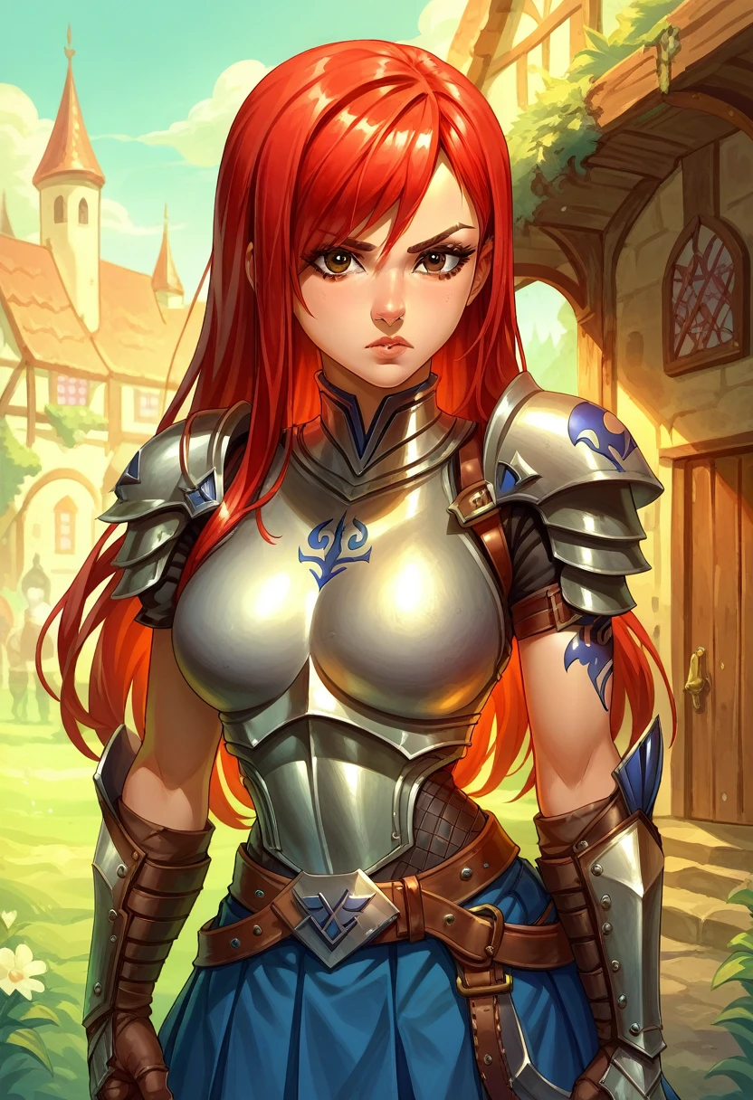 core_9, score_8_up, score_7_up, 1girl, solo, Erza, animerza, brown eyes,  armor, pauldrons,blue skirt, tattoo, gloves, breastplate, gauntlets, belt,pleated skirt, red hair, shoulder armor, serious face, standing, looking at you, medieval village,
