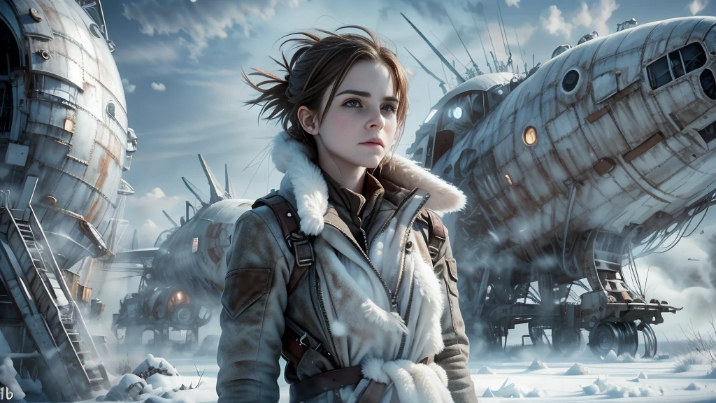 (Emma watson, detailed, 8k, photorealistic, cinematic lighting, dramatic lighting, half body shot), (apocalyptic,snowy winter landscape), (beautiful young woman, 23 years old, gorgeous european features,cleavage, short messy brown hair, intense gaze, elegant pose), (giant futuristic spacecraft,high-tech shuttle,cold icy environment),