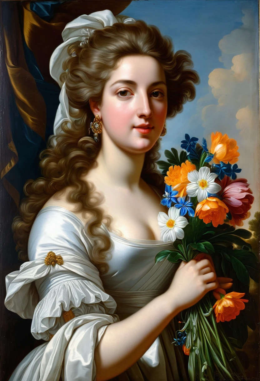 Painting depicting a woman in a white dress holding a bouquet of flowers, refined facial features, modest gaze, high detail, by Pompeo Girolamo Batoni, by Gerard de Laires, after Pompeo Batoni, after Gerard van Honthorst, after Peter Lely, after Godfried Schalken, after Peter Lely, after Emanuel de Witte, after Pompeo Batoni, after Gerard de Laires.