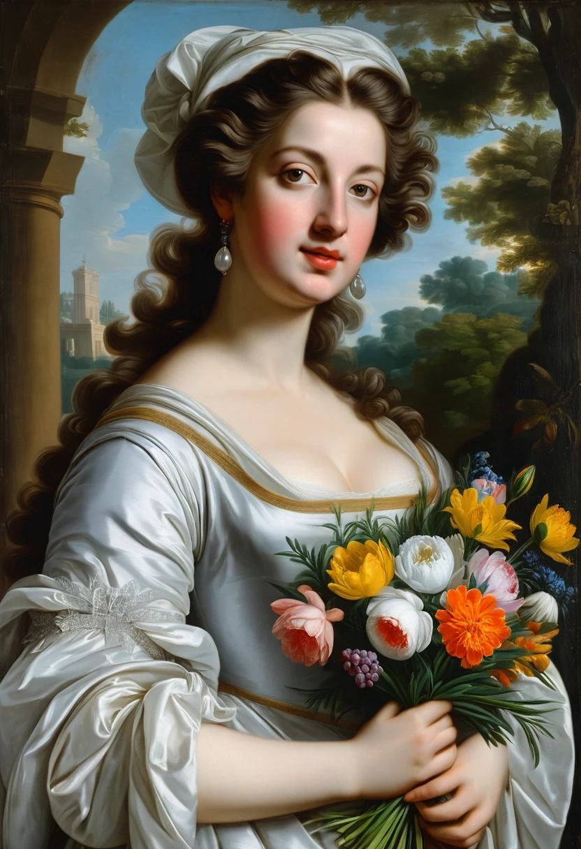 Painting depicting a woman in a white dress holding a bouquet of flowers, refined facial features, modest gaze, high detail, by Pompeo Girolamo Batoni, by Gerard de Laires, after Pompeo Batoni, after Gerard van Honthorst, after Peter Lely, after Godfried Schalken, after Peter Lely, after Emanuel de Witte, after Pompeo Batoni, after Gerard de Laires.