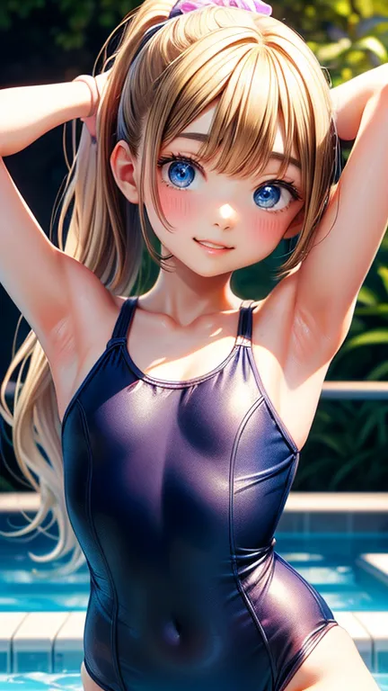 (perfect anatomy, balanced ratio, very cute illustration:1.1), poolside, open your mouth、blonde, blue eyes, wavy long hair, pony...