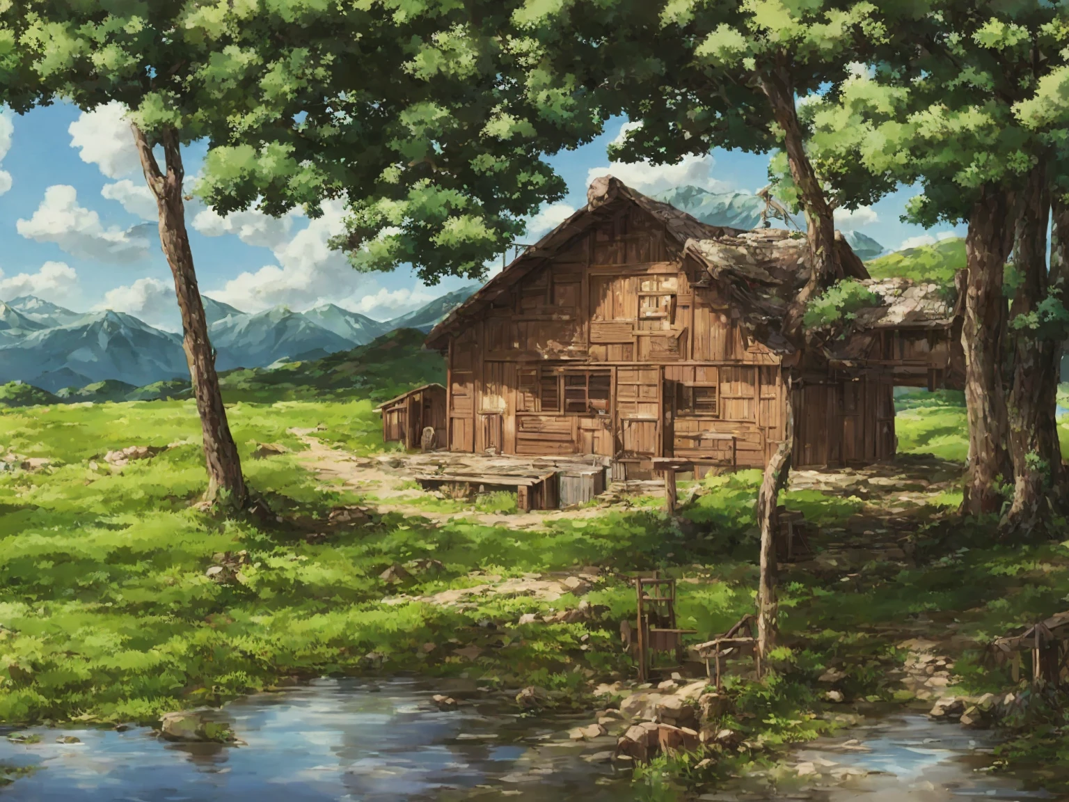 Beautiful countryside scenery, blue sky, studio ghibli style, no people, mountain hut
, mountain,