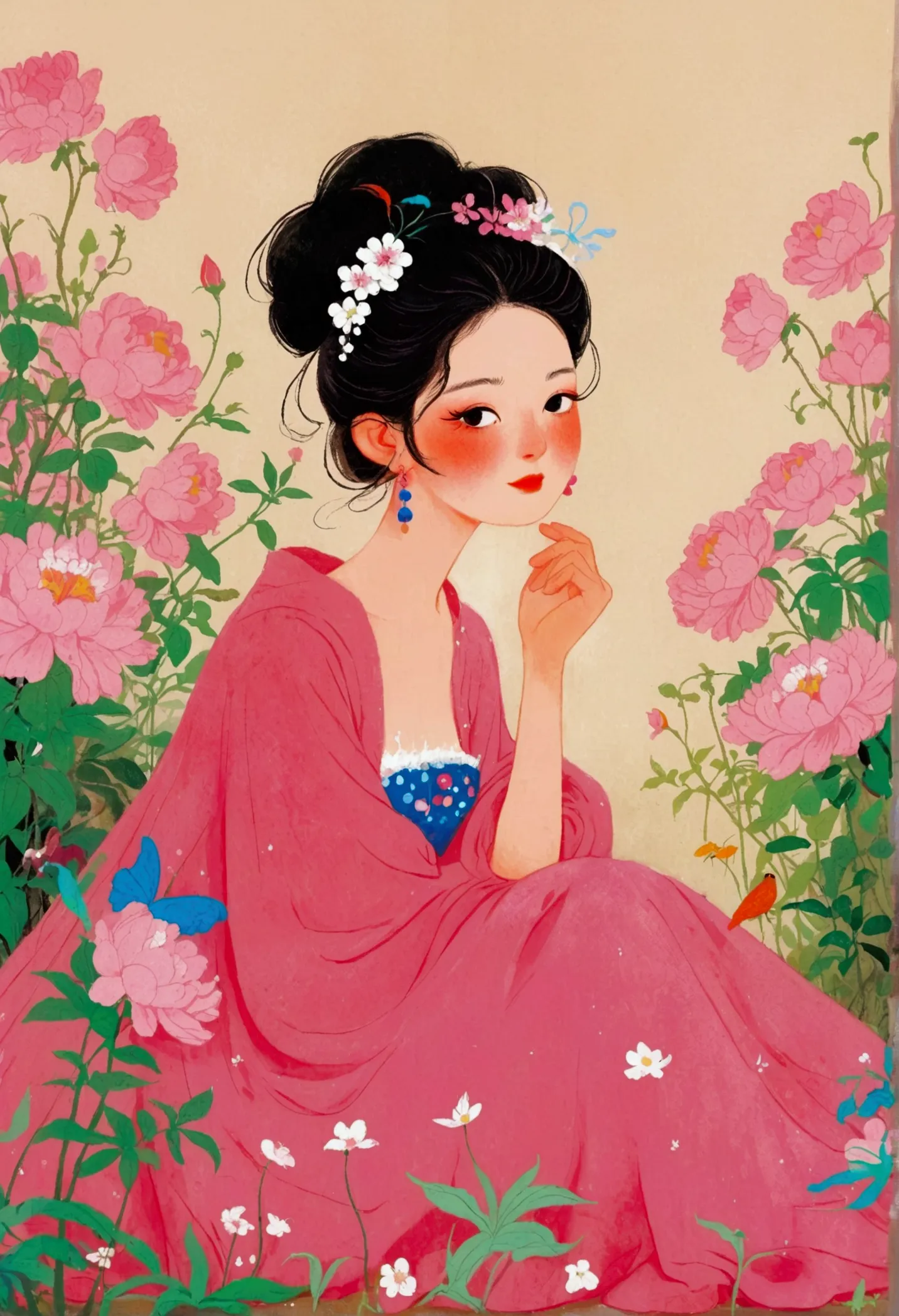 a woman in a pink dress sits among the flowers, artworks similar to sheng lam, author：gao cen