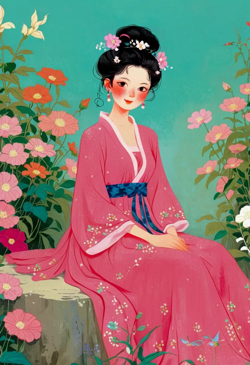 A woman in a pink dress sits among the flowers, Artworks similar to Sheng Lam, author：Gao Cen