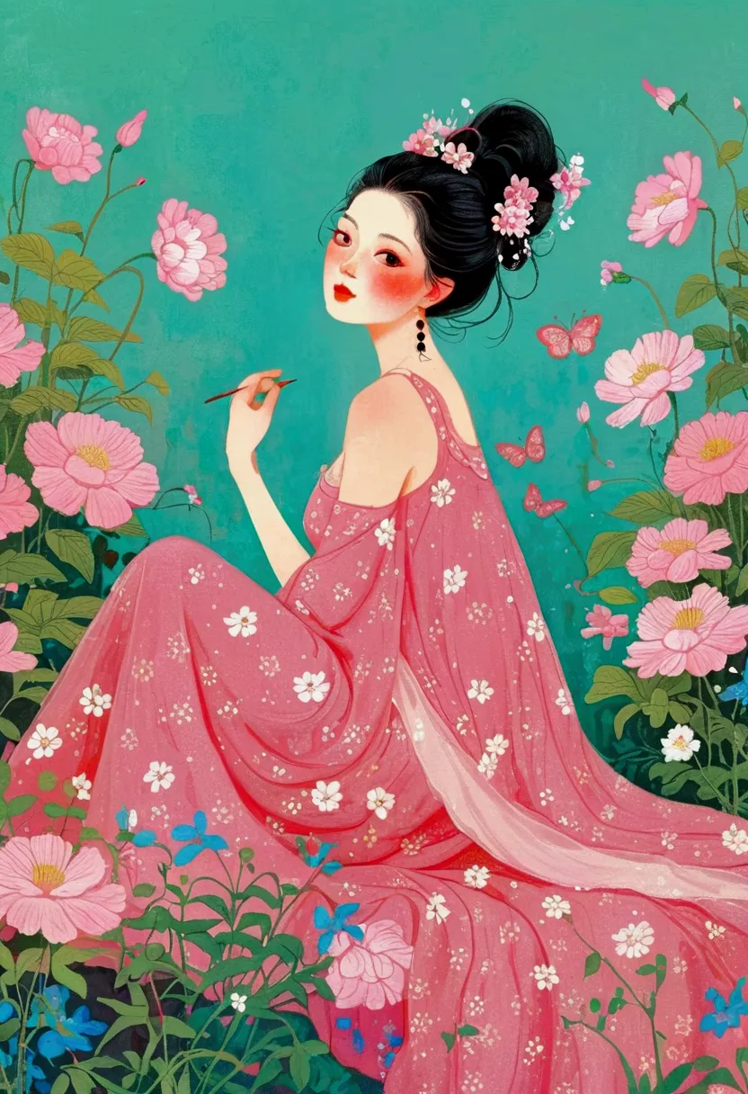 A woman in a pink dress sits among the flowers, Artworks similar to Sheng Lam, author：Gao Cen