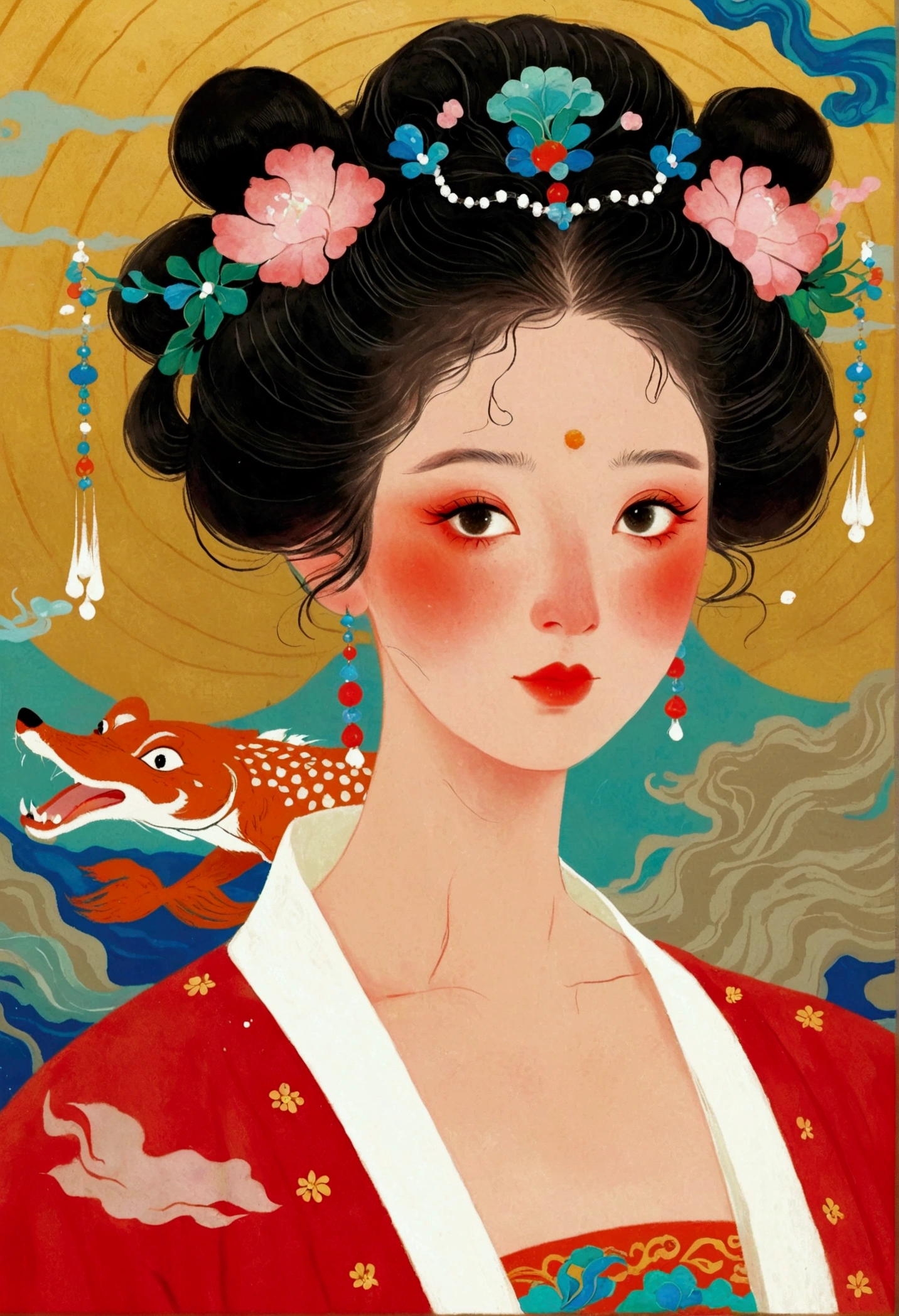 Primer plano de portada de revista，Una dama con un vestido rojo, Una pintura extremadamente detallada de Ni Duan., tumblr, cloisonnismo, anime coreano art nouveau, afable ， Wenjun Lin, Vista amplia, Bian Luan, reina del mar mu yanling, princesa china, Obras de arte similares a Sheng Lam, hermosa dama zorro