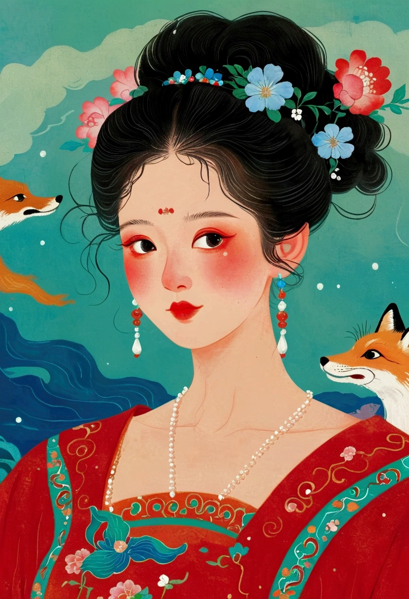 Primer plano de portada de revista，Una dama con un vestido rojo, Una pintura extremadamente detallada de Ni Duan., tumblr, cloisonnismo, anime coreano art nouveau, afable ， Wenjun Lin, Vista amplia, Bian Luan, reina del mar mu yanling, princesa china, Obras de arte similares a Sheng Lam, hermosa dama zorro