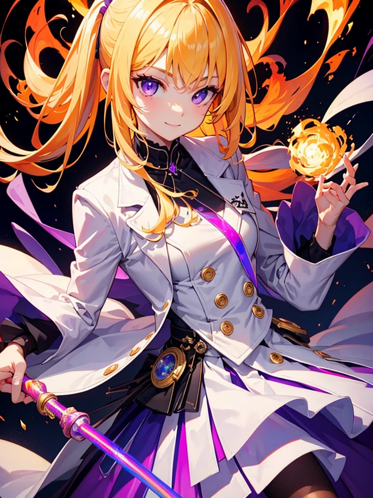 Highest quality,((Highest quality)),((Tabletop)),((Perfect Face)),detailed５Two fingered hand,1 girl.White and purple dress,White jacket,With a cane,Have a weapon,The flames flicker,Blonde,Purple eyes,smile,beauty,((Holographic))