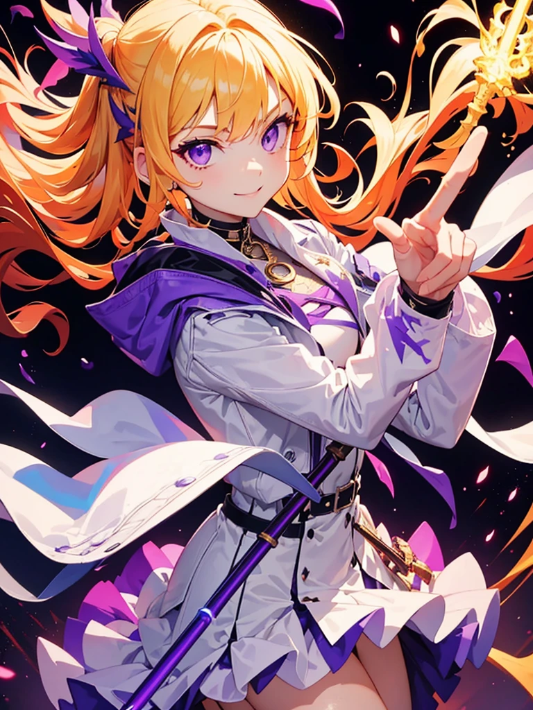 Highest quality,((Highest quality)),((Tabletop)),((Perfect Face)),detailed５Two fingered hand,1 girl.White and purple dress,White jacket,With a cane,Have a weapon,The flames flicker,Blonde,Purple eyes,smile,beauty,((Holographic))