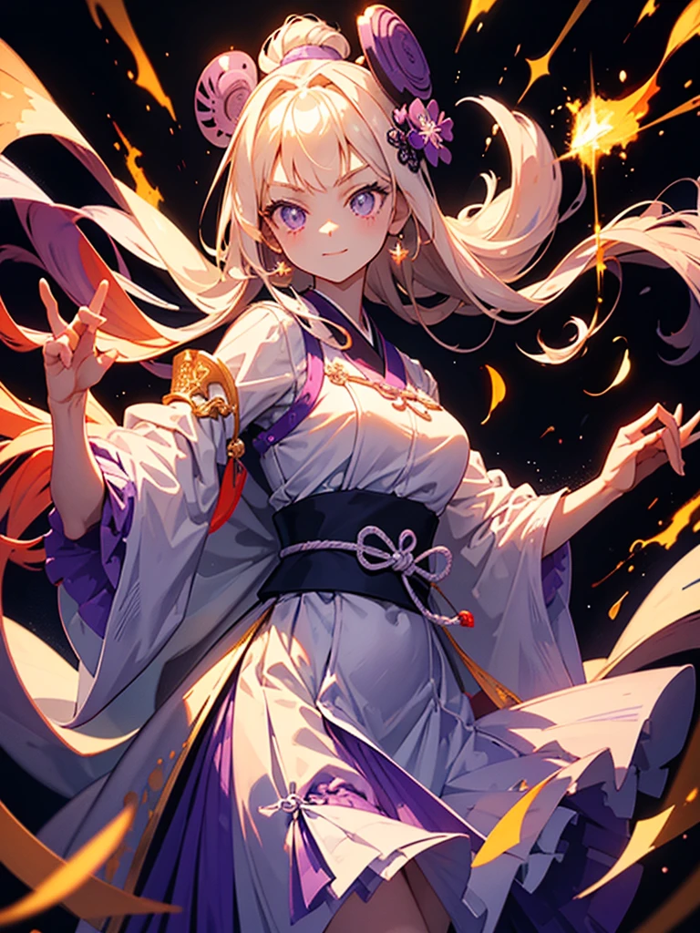 Highest quality,((Highest quality)),((Tabletop)),((Perfect Face)),detailed５Two fingered hand,1 girl.White and purple dress,White jacket,With a cane,Have a weapon,The flames flicker,Blonde,Purple eyes,smile,beauty,((Holographic)),whole body, Artistic elements add depth to the work,Katsushika Hokusai,sketch (Character design sheet, same characters, whole body, Three-View, front, ~ ~ ~ ~ side, return) 1 female, Nervous,Cowboy Shot,,(Very bright:1.1), White Background, [1 Girl:7], (Tilt your head:1.2), ([sketch|watercolor \(Moderate\)]:1.15)