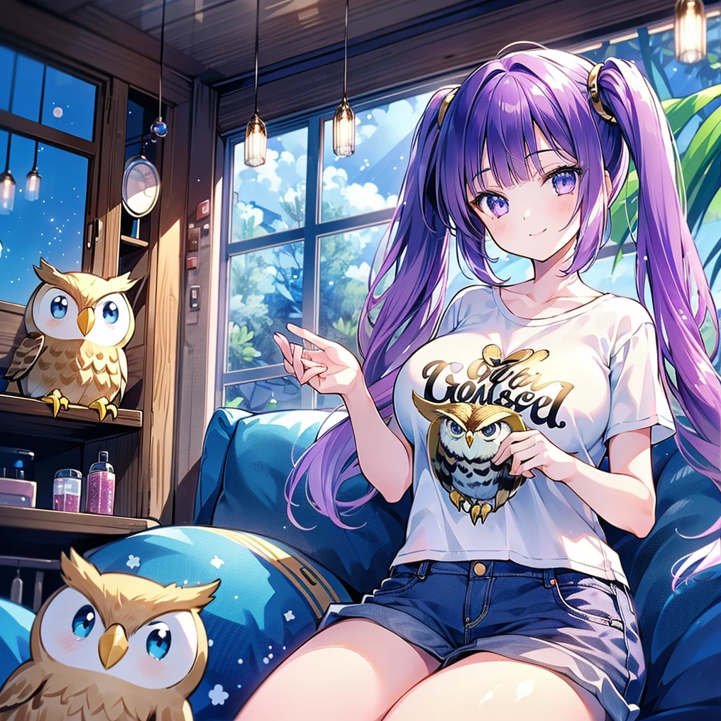 (masterpiece), (HDR), absurdres, (best quality), (ultra high quality), (hi-res), (1girl), (lavender eyes), beautiful detailed eyes, teen, (dark purple hair), bangs, short side locks, (((big thick twintails))), (long straight hair), (((two gold hair ties))), (t-shirt), jeans, (medium breast), (happy expression), smile, (looking at viewer), sitting on bed, in a girl's bedroom, stuffed animals, alien stuffed animals, owl stuffed animals, daytime, sunlight on face, noon, bright sun, comfy