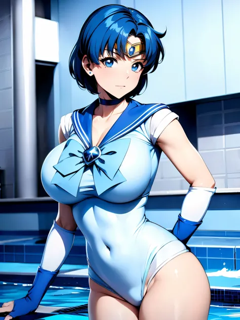 Sailor Mercury in police uniform,Long Blue Hair,blue power ranger, Hurricane ,セクシーなゴス女性のLarge Breasts, Character Sheet,In the po...
