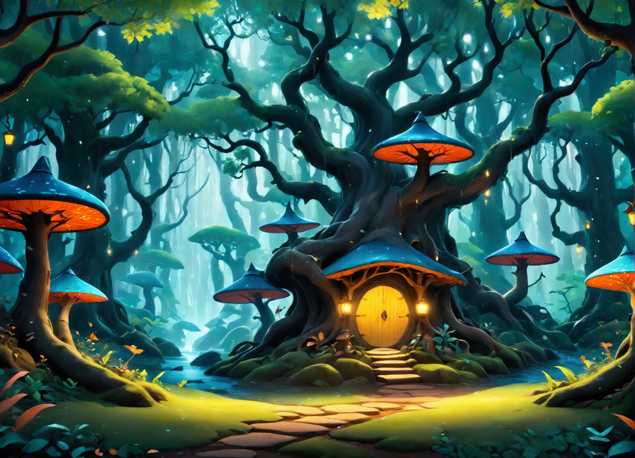 A breathtaking 3D rendering of a magical, Disney-styled forest with ancient trees and rain falling enhances the scene. The enchanted forest is filled with ((dozens of cartoon-style wild animal empty dens))), a few of which have one cartoon-style simple chimneys and cartoon-style wooden doors. Some dens have fences and gates in front of them. The forest is silent and solitaire, no animals around, only trees and empty dens. The vibrant colors and brushstrokes reminiscent of Ukiyo-e art give the image a unique and captivating appearance. The overall atmosphere is cinematic and evokes a sense of wonder, transporting viewers into a fantastical world.


