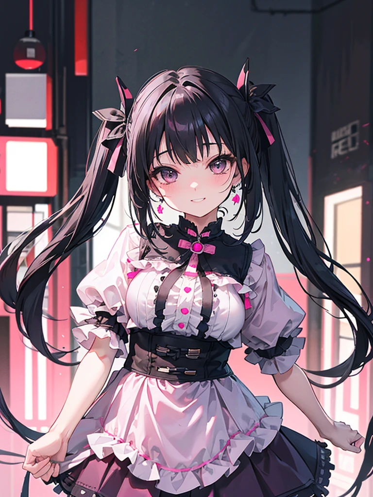 (8k、Best image quality、Highest quality、masterpiece)、Detailed face、One Girl、Black Hair、((Twin tails))、Blunt bangs、short hair、Wavy Hair、Grey Eyes、Earrings、Wicked Smile、Grin、mask_Pull、Moderate bust、((Pink clothes))、Frills、Black Ribbon、Black mini skirt、Frills、jirai kei attire、Cowboy Shot、Night downtown background