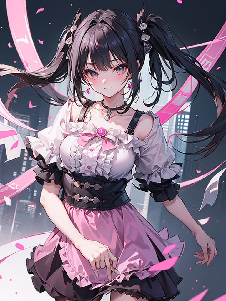 (8k、Best image quality、Highest quality、masterpiece)、Detailed face、One Girl、Black Hair、((Twin tails))、Blunt bangs、short hair、Wavy Hair、Grey Eyes、Earrings、Wicked Smile、Grin、mask_Pull、Moderate bust、((Pink clothes))、Frills、Black Ribbon、Black mini skirt、Frills、jirai kei attire、Cowboy Shot、Night downtown background