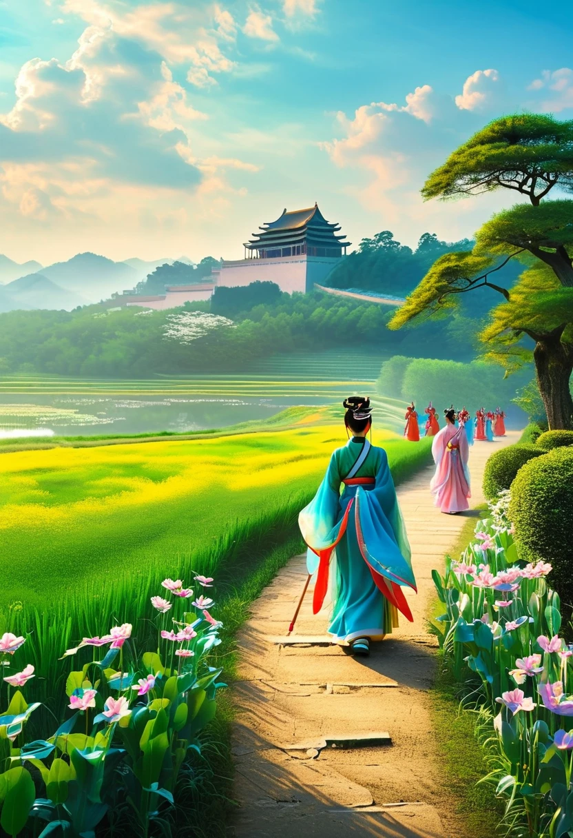 The Arrival at the Women's Kingdom As Tang Sanzang and his disciples approach the Women's Kingdom, they see a beautiful, verdant landscape stretching out before them. In the distance, they can make out the outlines of a magnificent palace, surrounded by fields and gardens. The sky overhead is clear and blue, and the air is filled with the sweet scent of flowers. From an artistic perspective, this scene could be depicted using soft, pastel colors to convey a sense of peace and tranquility. The use of light and shadow could also be emphasized to create depth and dimensionality