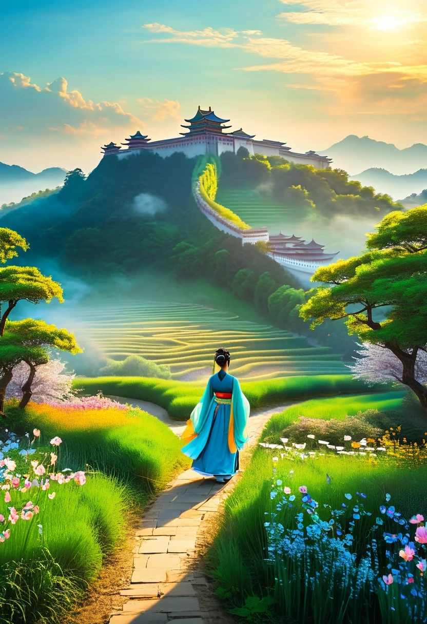 The Arrival at the Women's Kingdom As Tang Sanzang and his disciples approach the Women's Kingdom, they see a beautiful, verdant landscape stretching out before them. In the distance, they can make out the outlines of a magnificent palace, surrounded by fields and gardens. The sky overhead is clear and blue, and the air is filled with the sweet scent of flowers. From an artistic perspective, this scene could be depicted using soft, pastel colors to convey a sense of peace and tranquility. The use of light and shadow could also be emphasized to create depth and dimensionality